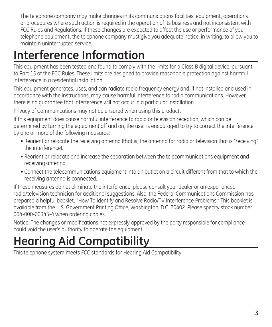 Interference information, Hearing aid compatibility | GE 55897990 User Manual | Page 3 / 52