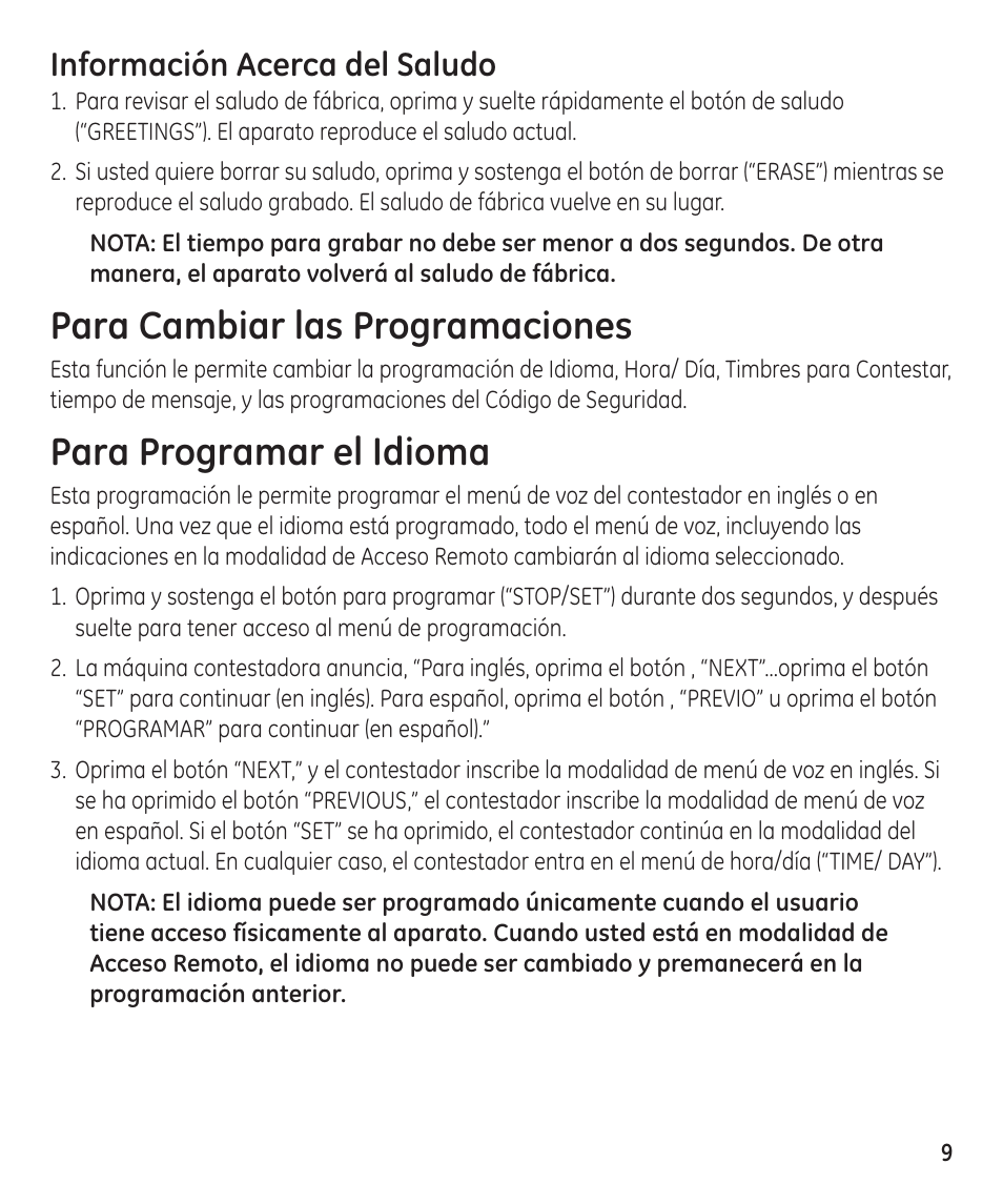 Para cambiar las programaciones, Para programar el idioma, Información acerca del saludo | GE 55897990 User Manual | Page 35 / 52