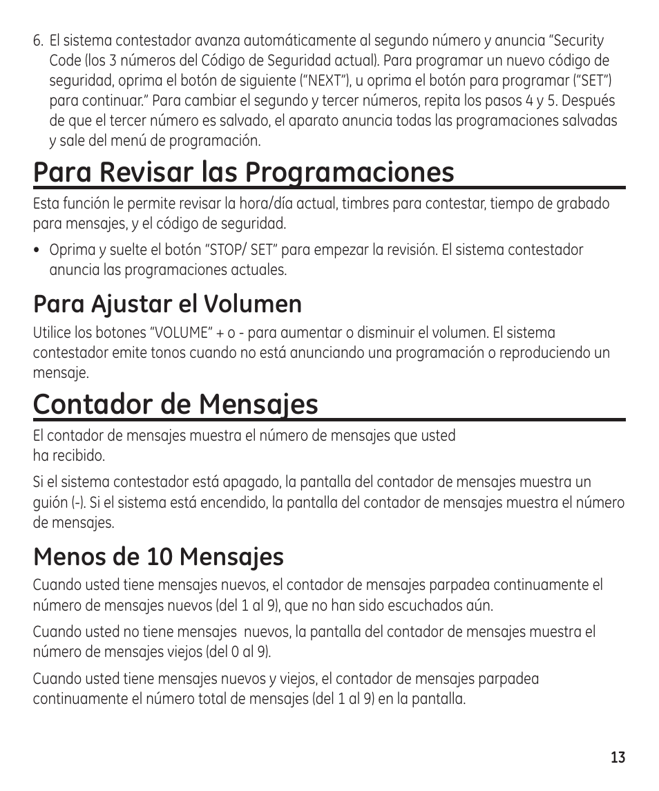 Para revisar las programaciones, Contador de mensajes, Para ajustar el volumen | Menos de 10 mensajes | GE 55897990 User Manual | Page 39 / 52