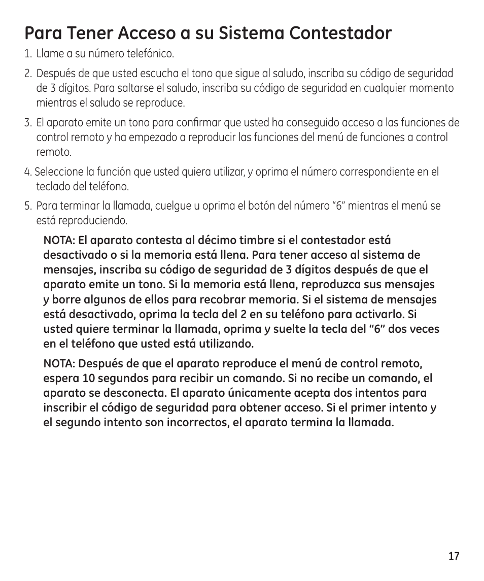 Para tener acceso a su sistema contestador | GE 55897990 User Manual | Page 43 / 52