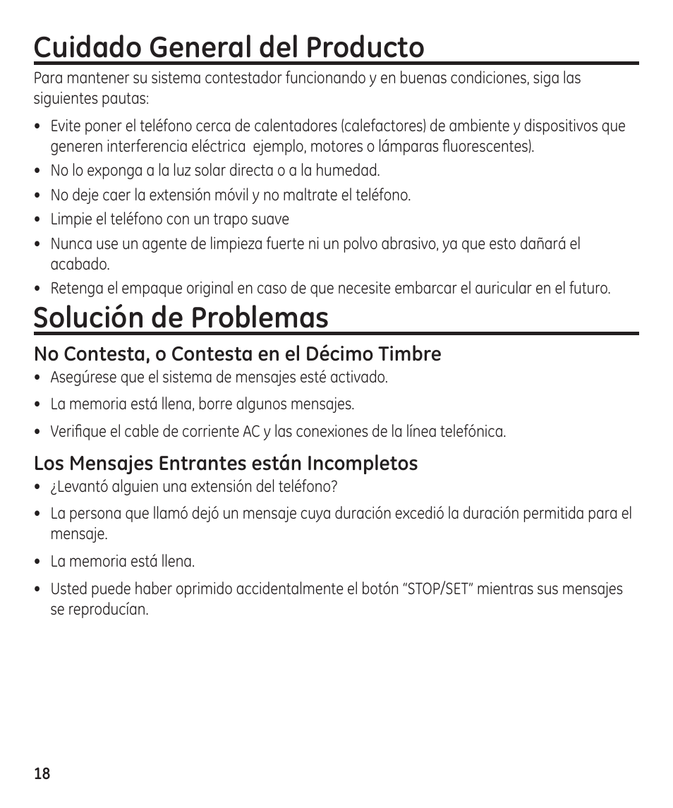 Cuidado general del producto, Solución de problemas | GE 55897990 User Manual | Page 44 / 52