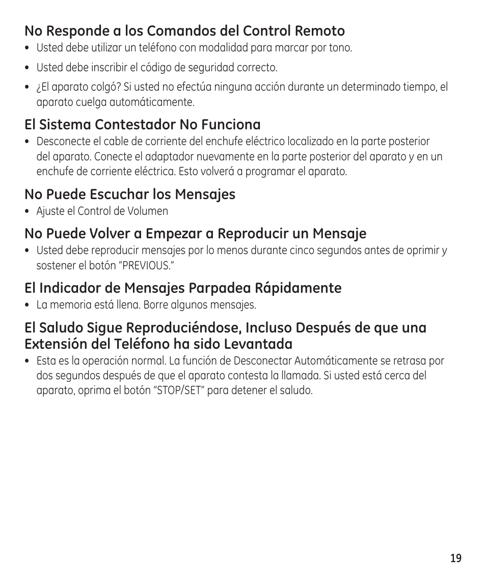 No responde a los comandos del control remoto, El sistema contestador no funciona, No puede escuchar los mensajes | No puede volver a empezar a reproducir un mensaje, El indicador de mensajes parpadea rápidamente | GE 55897990 User Manual | Page 45 / 52