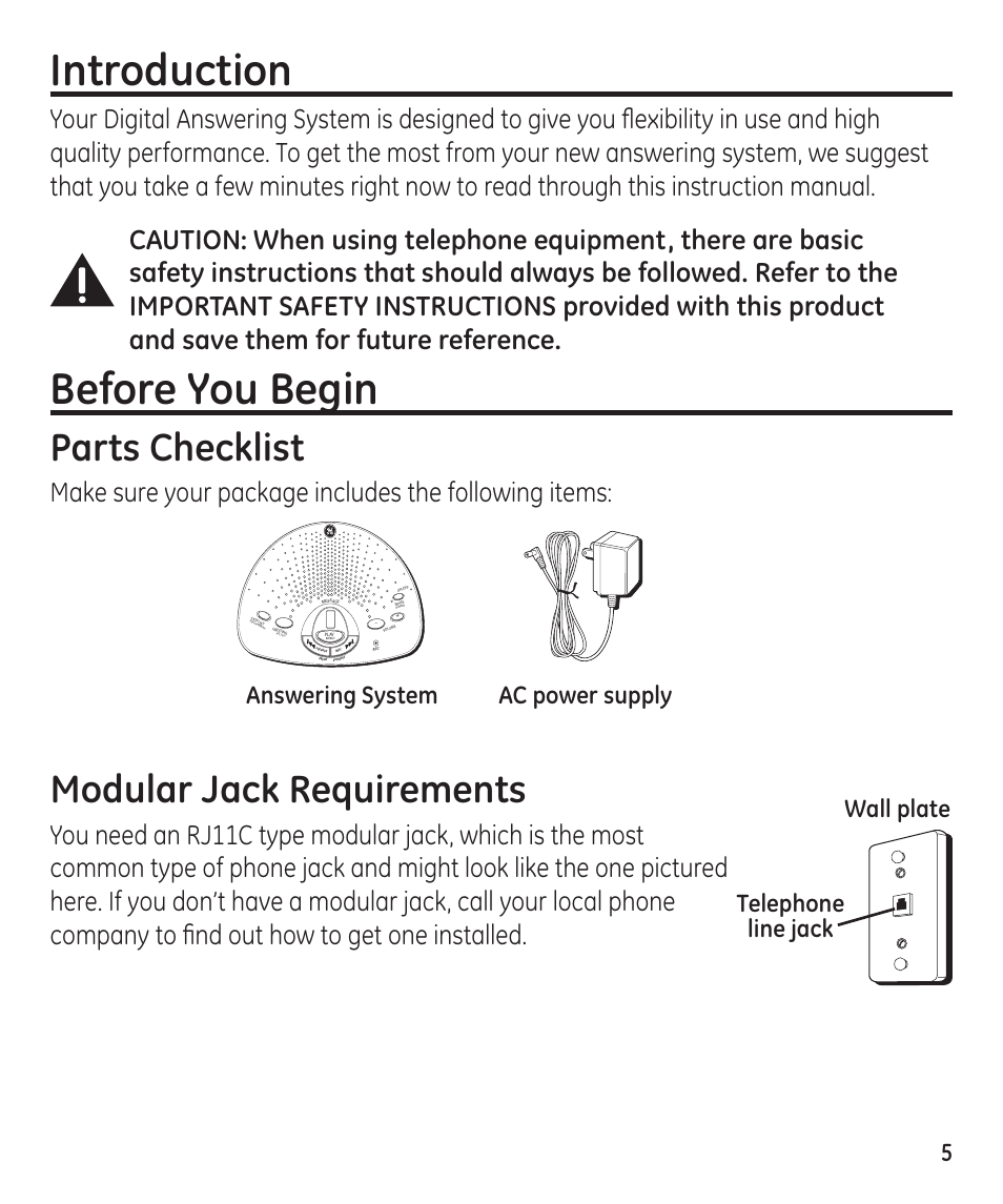 Introduction, Before you begin, Parts checklist | Modular jack requirements, Answering system ac power supply, Telephone line jack wall plate | GE 55897990 User Manual | Page 5 / 52