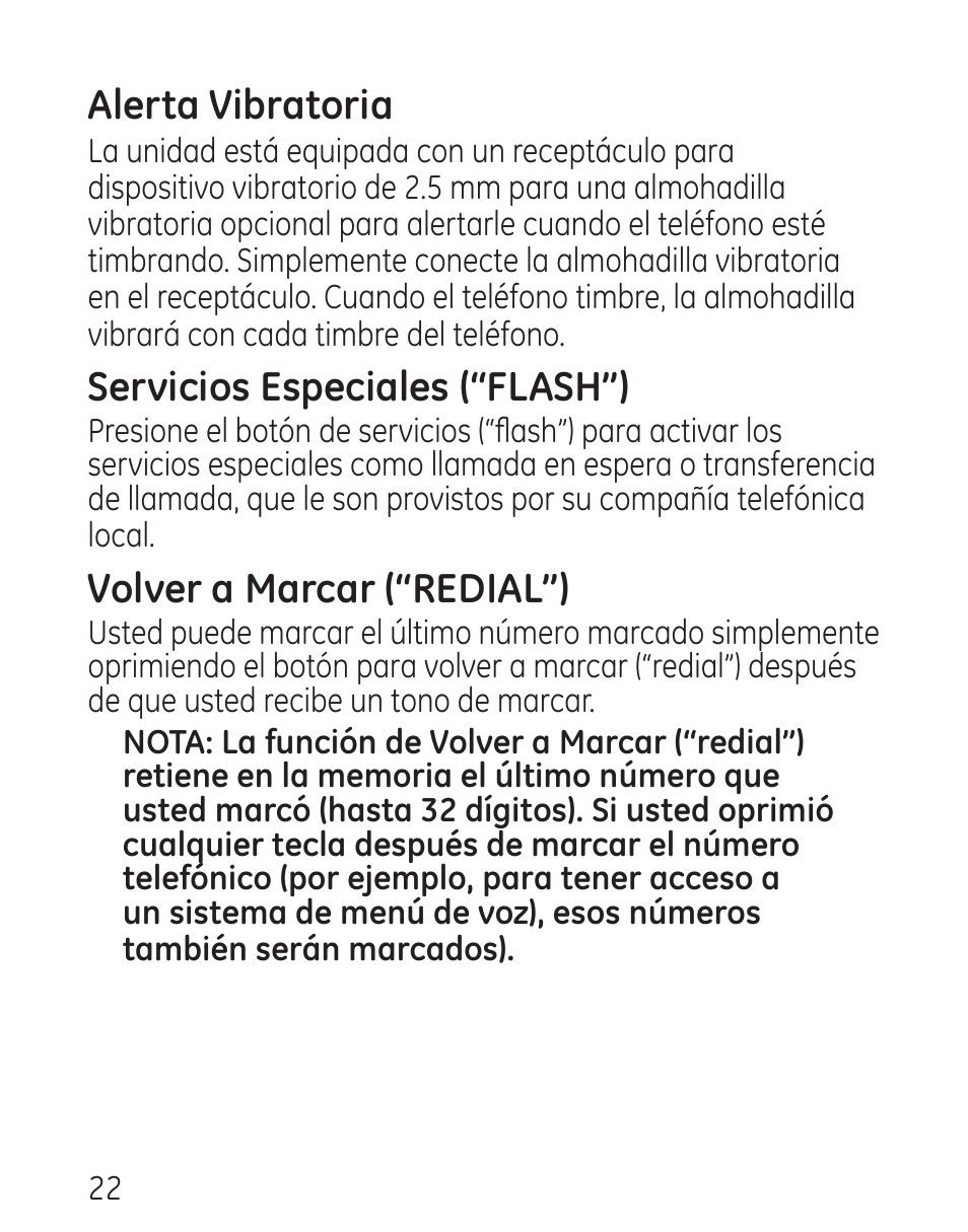 Alerta vibratoria, Servicios especiales (“flash”), Volver a marcar (“redial”) | GE 958 User Manual | Page 58 / 72