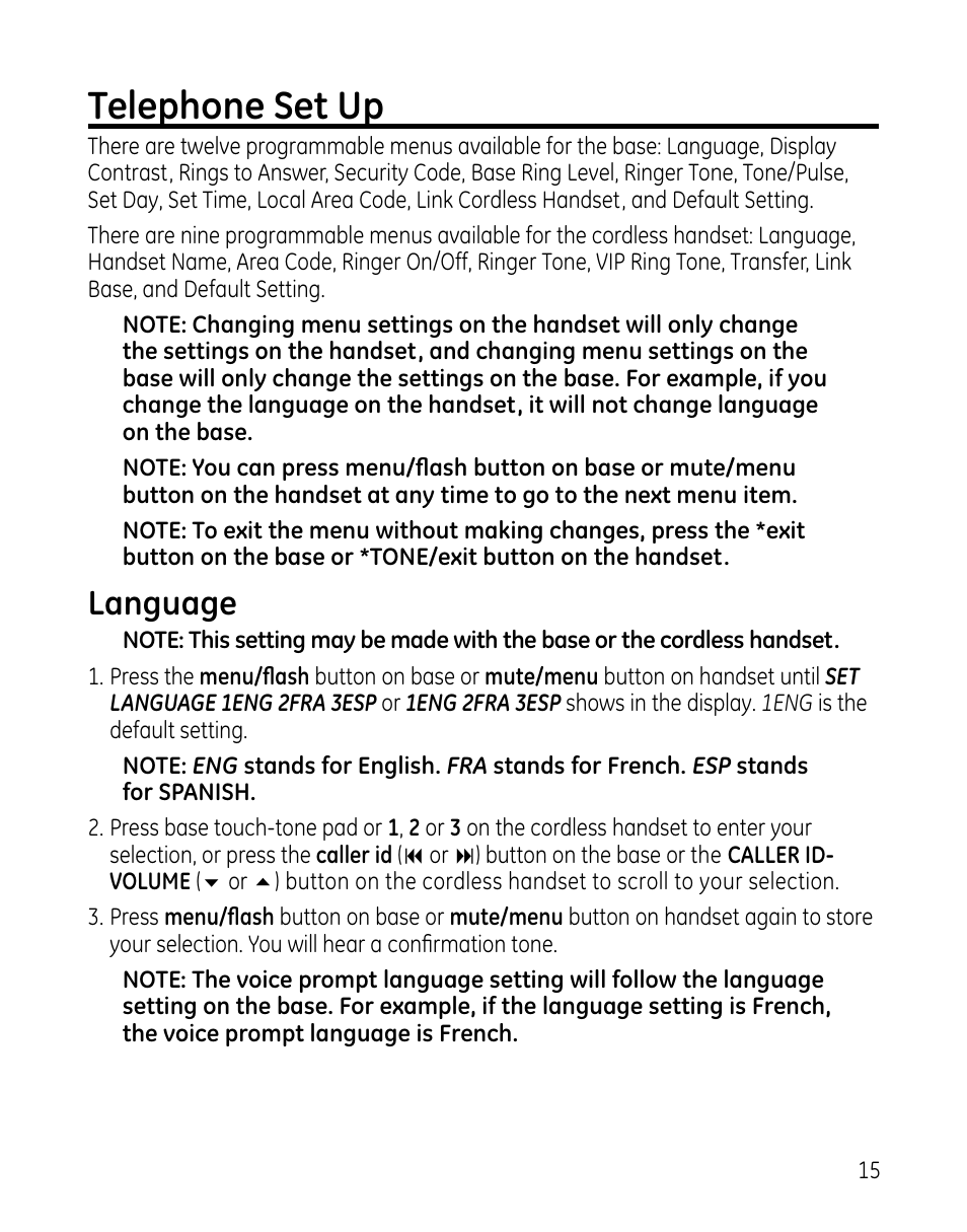 Telephone set up, Language | GE 0005467 User Manual | Page 15 / 50
