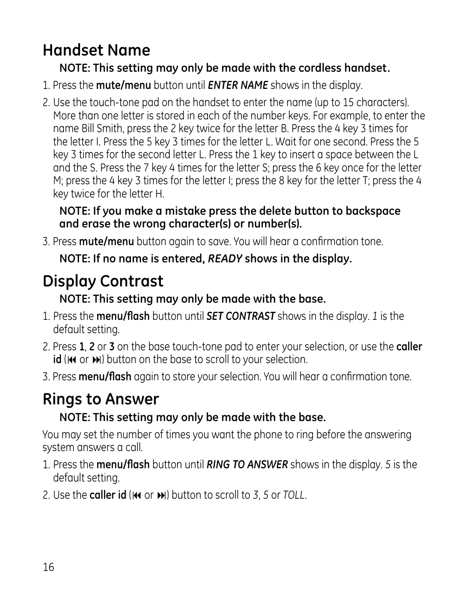 Handset name, Display contrast, Rings to answer | GE 0005467 User Manual | Page 16 / 50