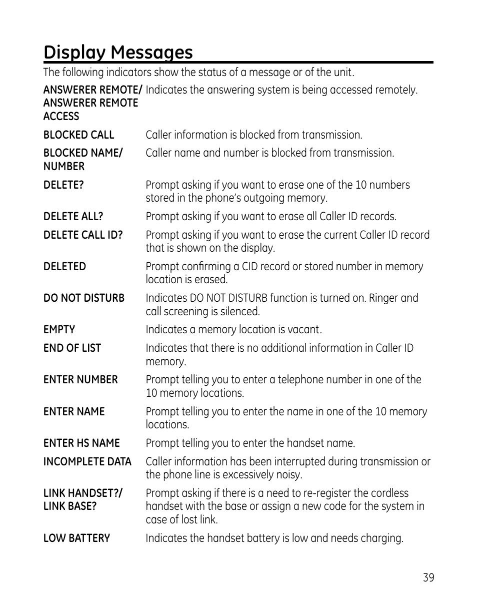Display messages | GE 0005467 User Manual | Page 39 / 50
