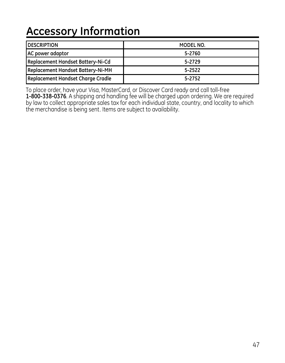 Accessory information | GE 0005467 User Manual | Page 47 / 50