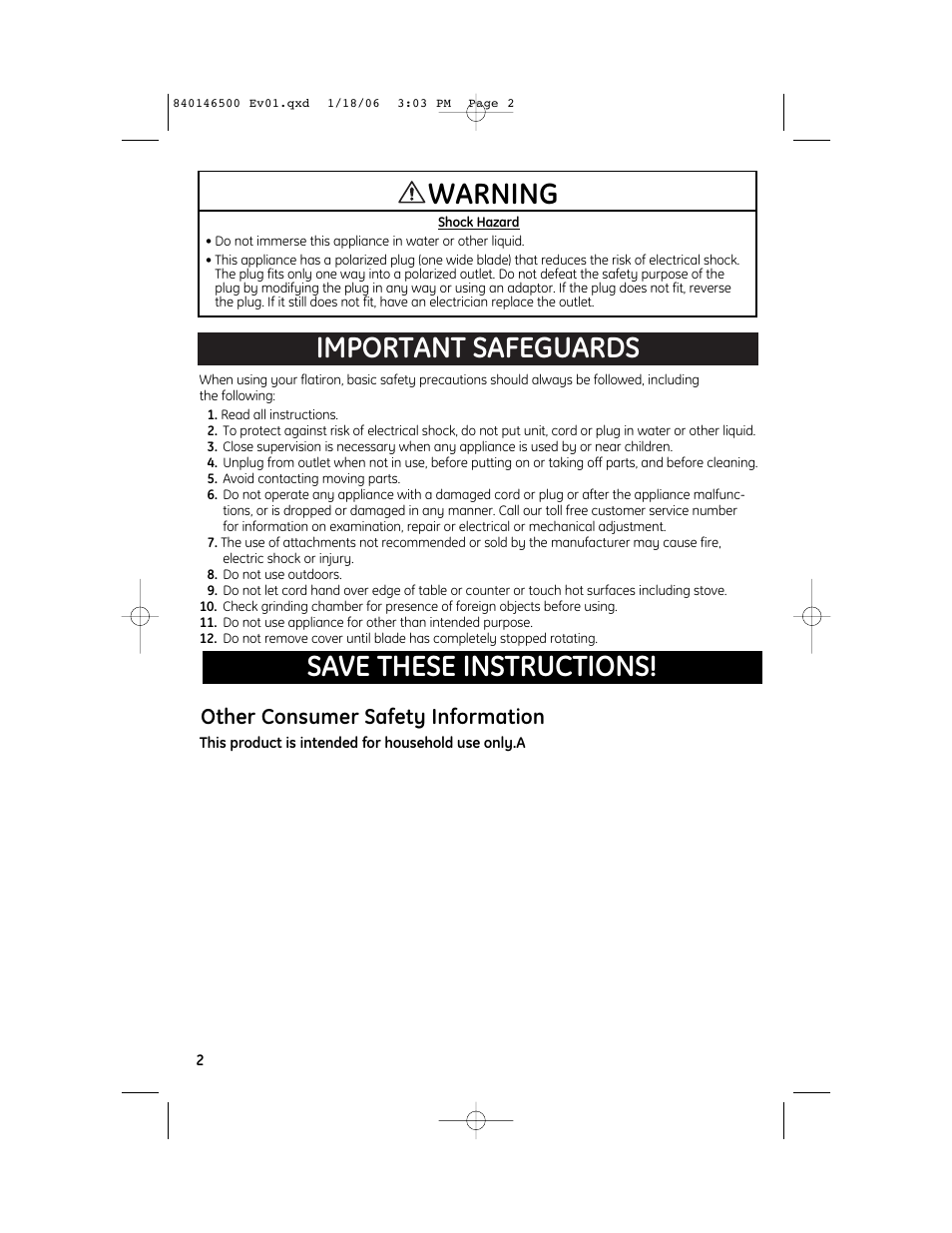 Important safeguards save these instructions, Warning, Other consumer safety information | GE 840146500 User Manual | Page 2 / 5