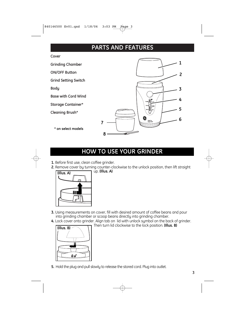 Parts and features how to use your grinder | GE 840146500 User Manual | Page 3 / 5
