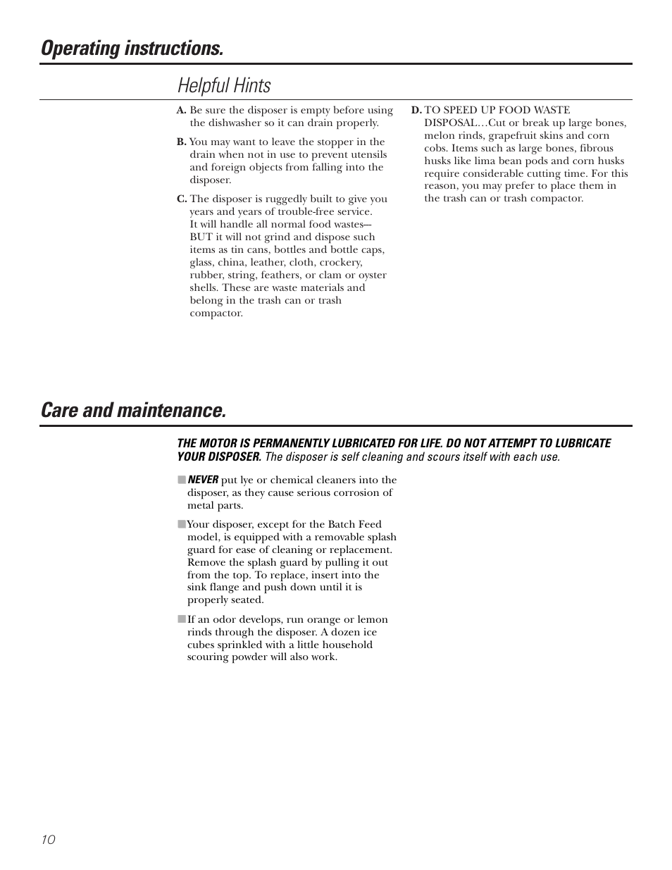 Care and maintenance, Helpful hints, Operating instructions. care and maintenance | GE GFB760 User Manual | Page 10 / 24
