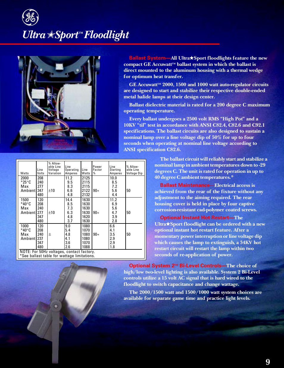 Ultra, Sport, Floodlight | GE UltraSport User Manual | Page 9 / 12