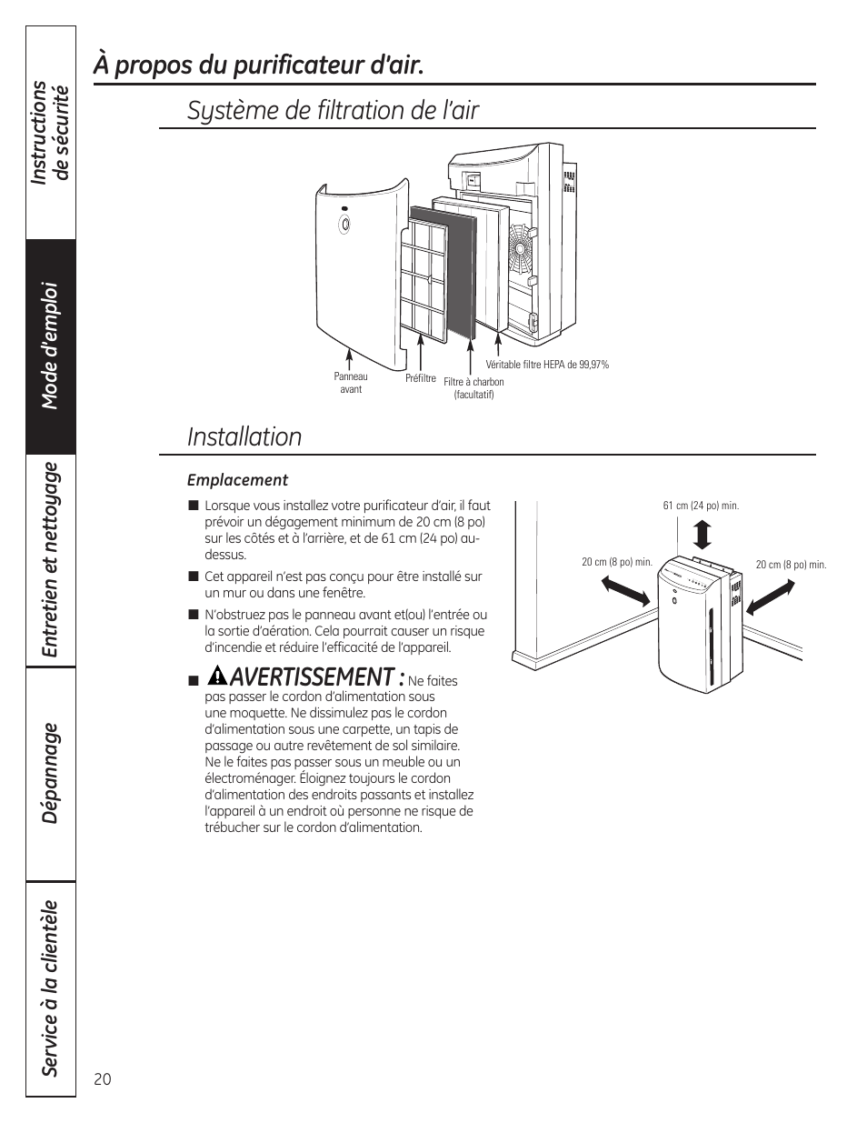 Avertissement, Installation | GE AFHC32AM User Manual | Page 20 / 44