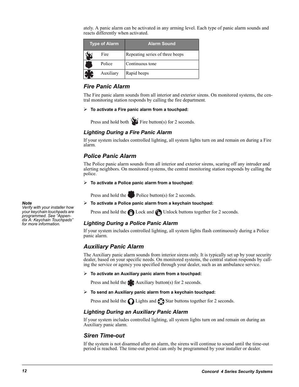 Fire panic alarm, Lighting during a fire panic alarm, Police panic alarm | Lighting during a police panic alarm, Auxiliary panic alarm, Lighting during an auxiliary panic alarm, Siren time-out | GE 4 Series User Manual | Page 22 / 72