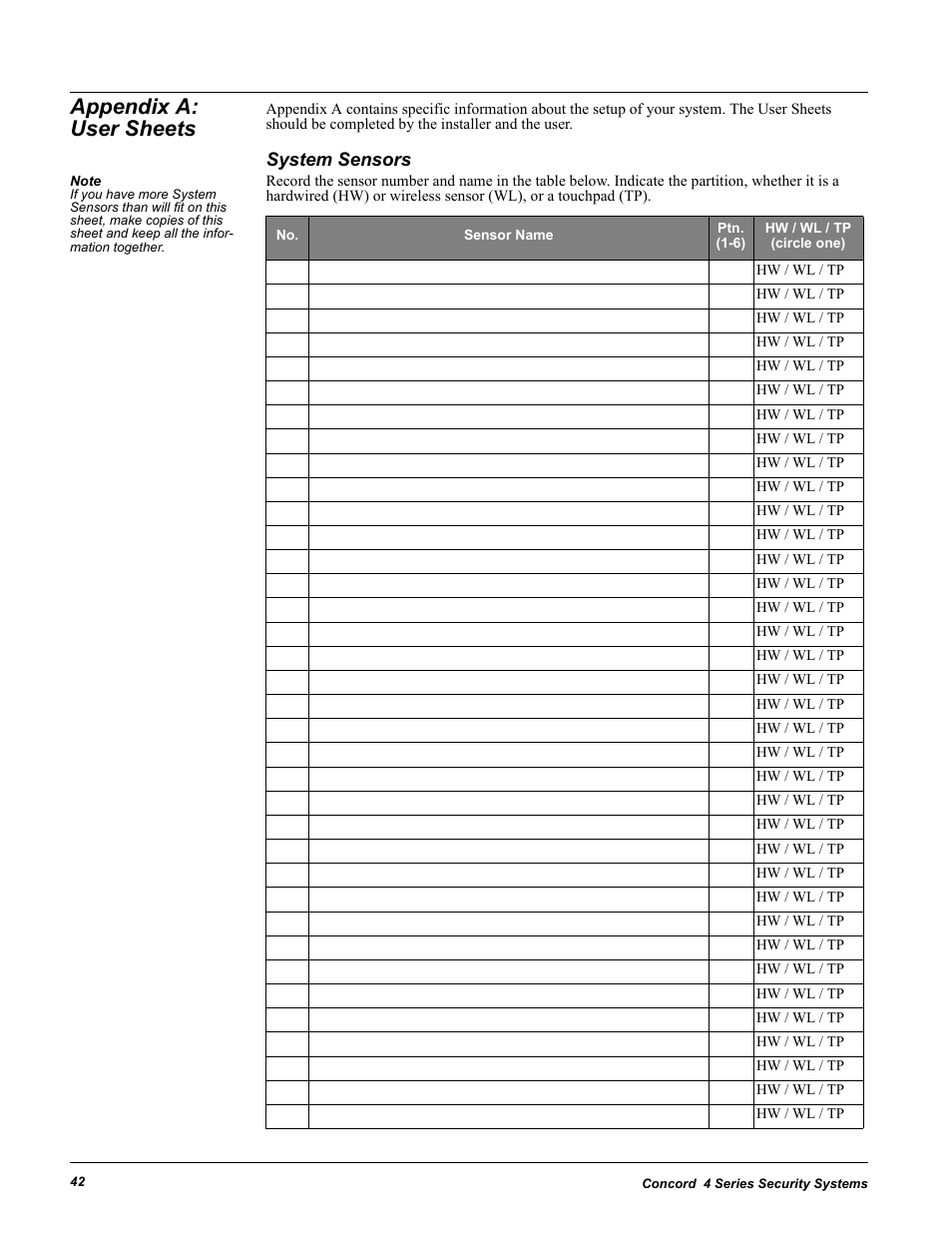 Appendix a: user sheets, System sensors | GE 4 Series User Manual | Page 52 / 72