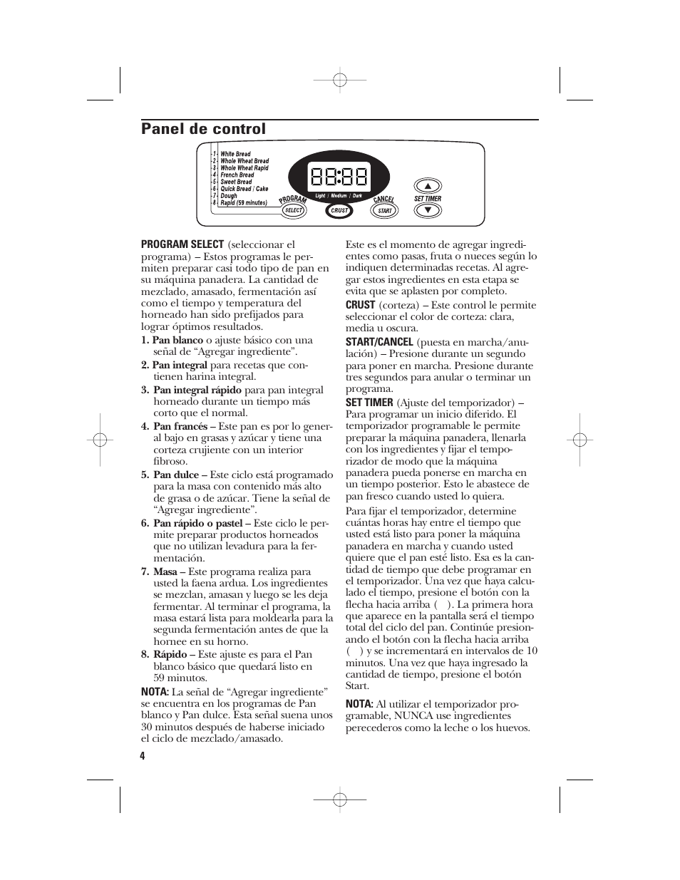 Panel de control | GE 840081500 User Manual | Page 22 / 36