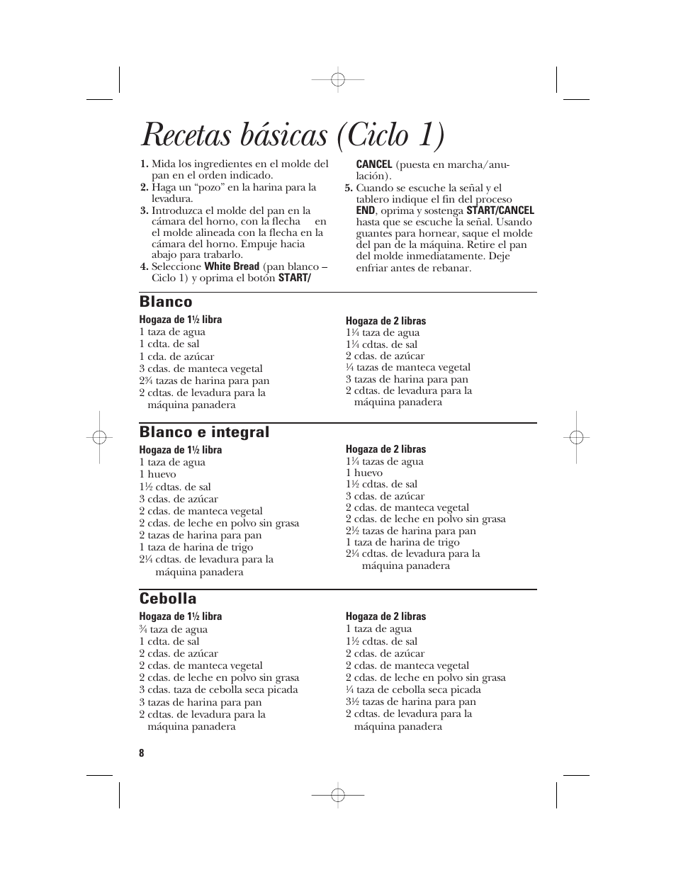 Recetas básicas (ciclo 1), Blanco, Blanco e integral | Cebolla | GE 840081500 User Manual | Page 26 / 36