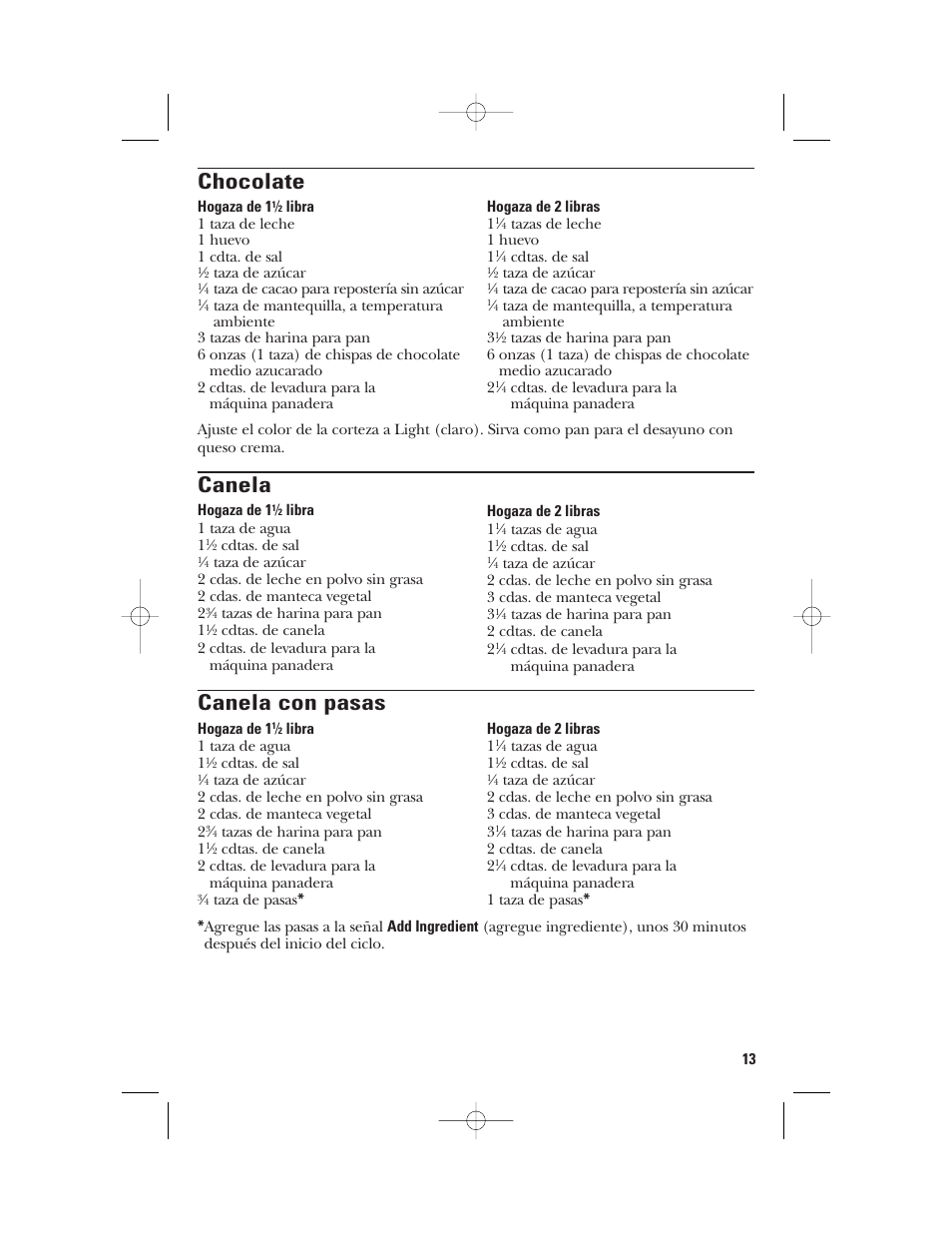 Chocolate, Canela, Canela con pasas | GE 840081500 User Manual | Page 31 / 36