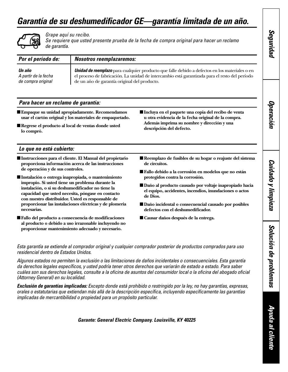 Garantía | GE AHW30LH User Manual | Page 23 / 24