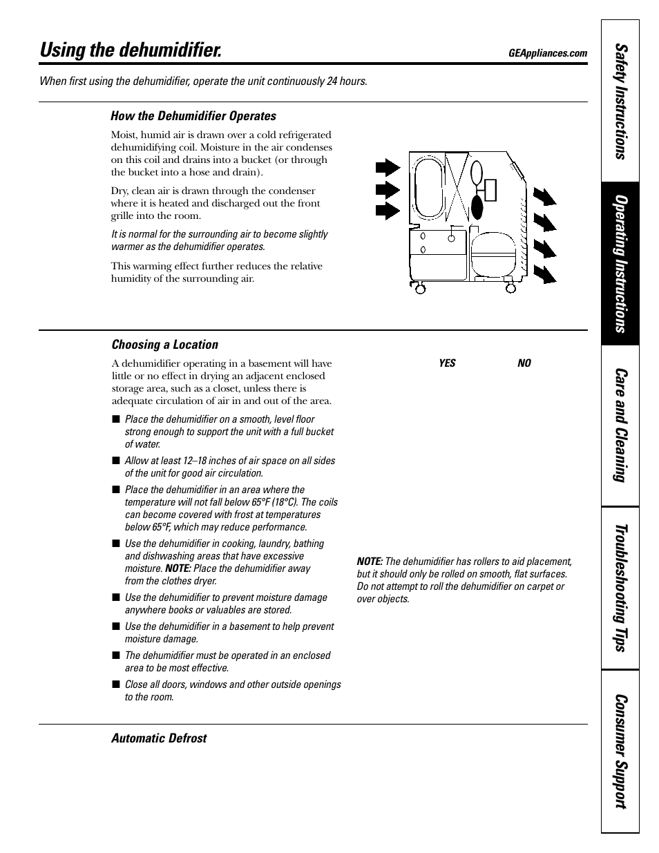 Automatic defrost, Choosing a location, How the dehumidifier operates | Using the dehumidifier | GE AHW30LH User Manual | Page 5 / 24