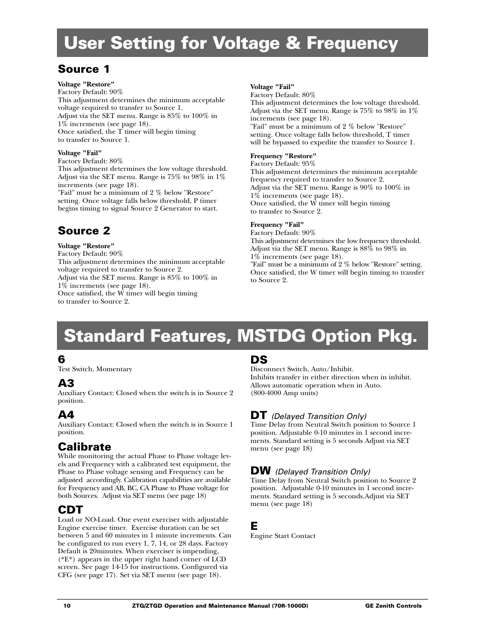 Source 1, Source 2, Calibrate | GE ZTGD Series Transfer Switches 40-3000 Amps User Manual | Page 10 / 36