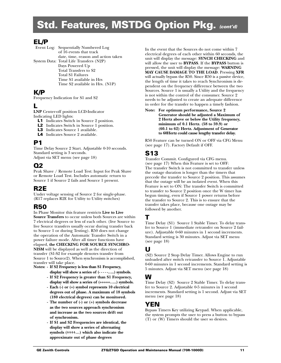 Std. features, mstdg option pkg, El/p | GE ZTGD Series Transfer Switches 40-3000 Amps User Manual | Page 11 / 36