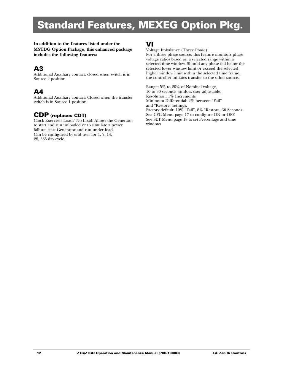 Standard features, mexeg option pkg | GE ZTGD Series Transfer Switches 40-3000 Amps User Manual | Page 12 / 36
