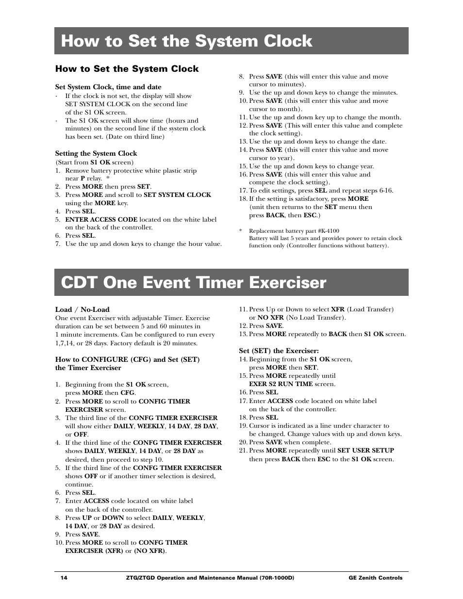 How to set the system clock, Cdt one event timer exerciser | GE ZTGD Series Transfer Switches 40-3000 Amps User Manual | Page 14 / 36
