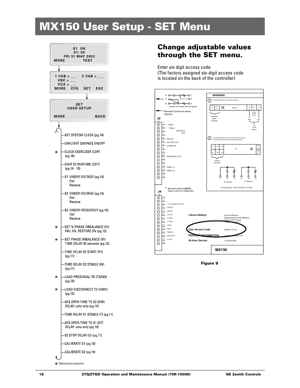 Mx150 user setup - set menu, Change adjustable values through the set menu, Figure 9 | Mx150, 18 ge zenith controls | GE ZTGD Series Transfer Switches 40-3000 Amps User Manual | Page 18 / 36