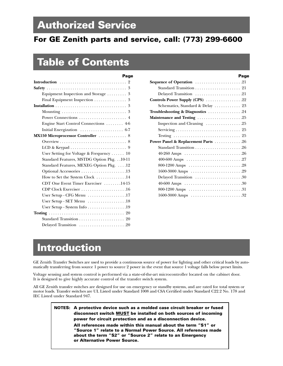 Table of contents introduction, Authorized service | GE ZTGD Series Transfer Switches 40-3000 Amps User Manual | Page 2 / 36