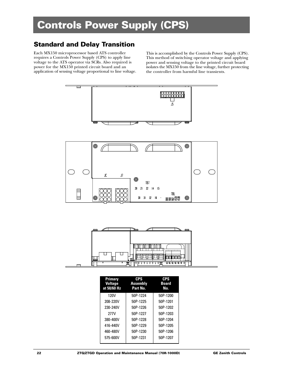 Controls power supply (cps), Standard and delay transition | GE ZTGD Series Transfer Switches 40-3000 Amps User Manual | Page 22 / 36