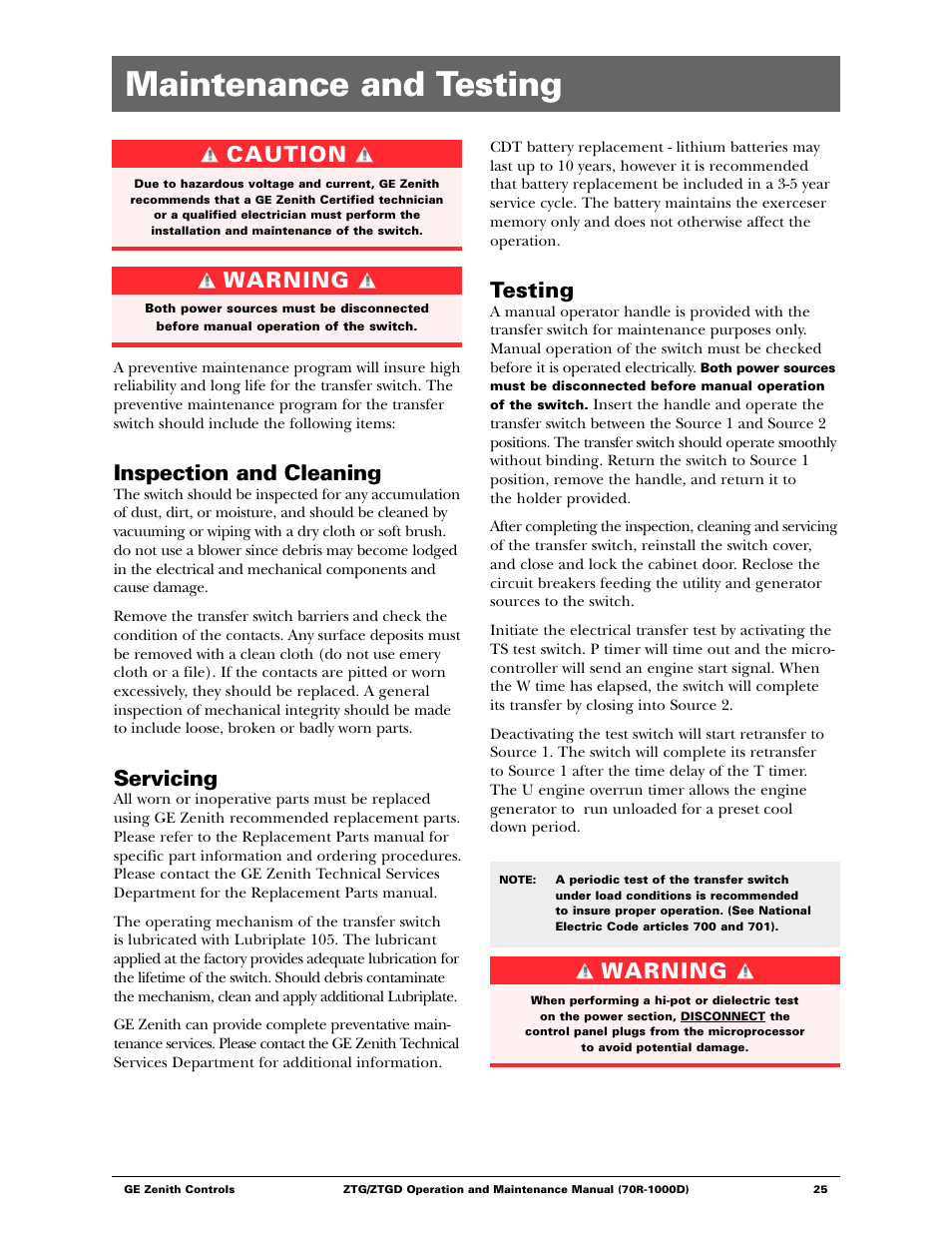 Maintenance and testing, Inspection and cleaning, Servicing | Testing, Caution, Warning | GE ZTGD Series Transfer Switches 40-3000 Amps User Manual | Page 25 / 36