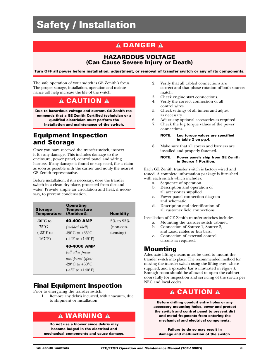 Safety / installation, Mounting, Danger | Equipment inspection and storage, Caution, Final equipment inspection, Warning | GE ZTGD Series Transfer Switches 40-3000 Amps User Manual | Page 3 / 36