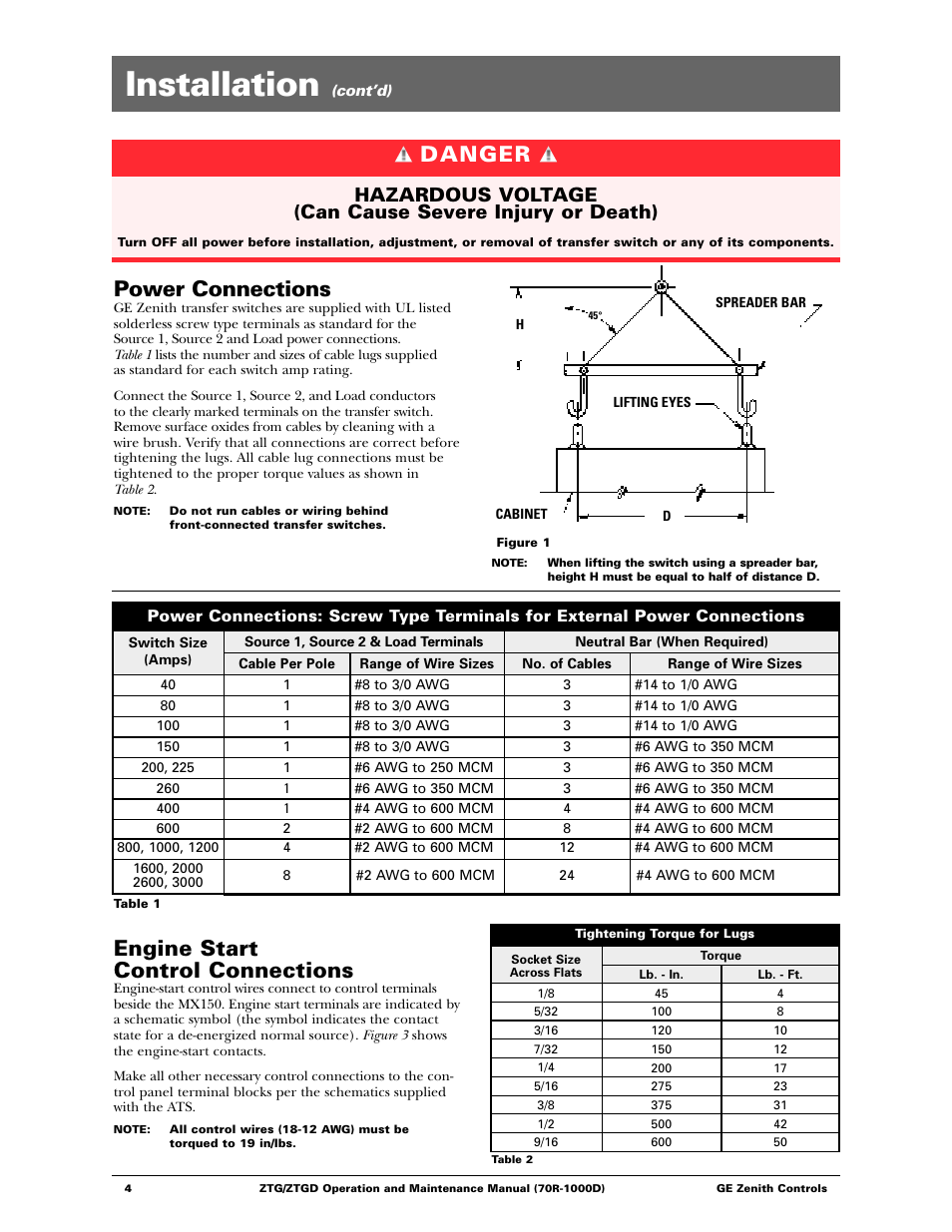 Installation, Power connections, Danger | Engine start control connections | GE ZTGD Series Transfer Switches 40-3000 Amps User Manual | Page 4 / 36