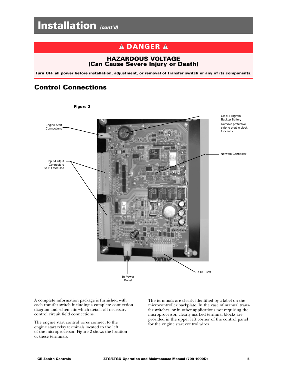 Installation, Danger, Control connections | GE ZTGD Series Transfer Switches 40-3000 Amps User Manual | Page 5 / 36