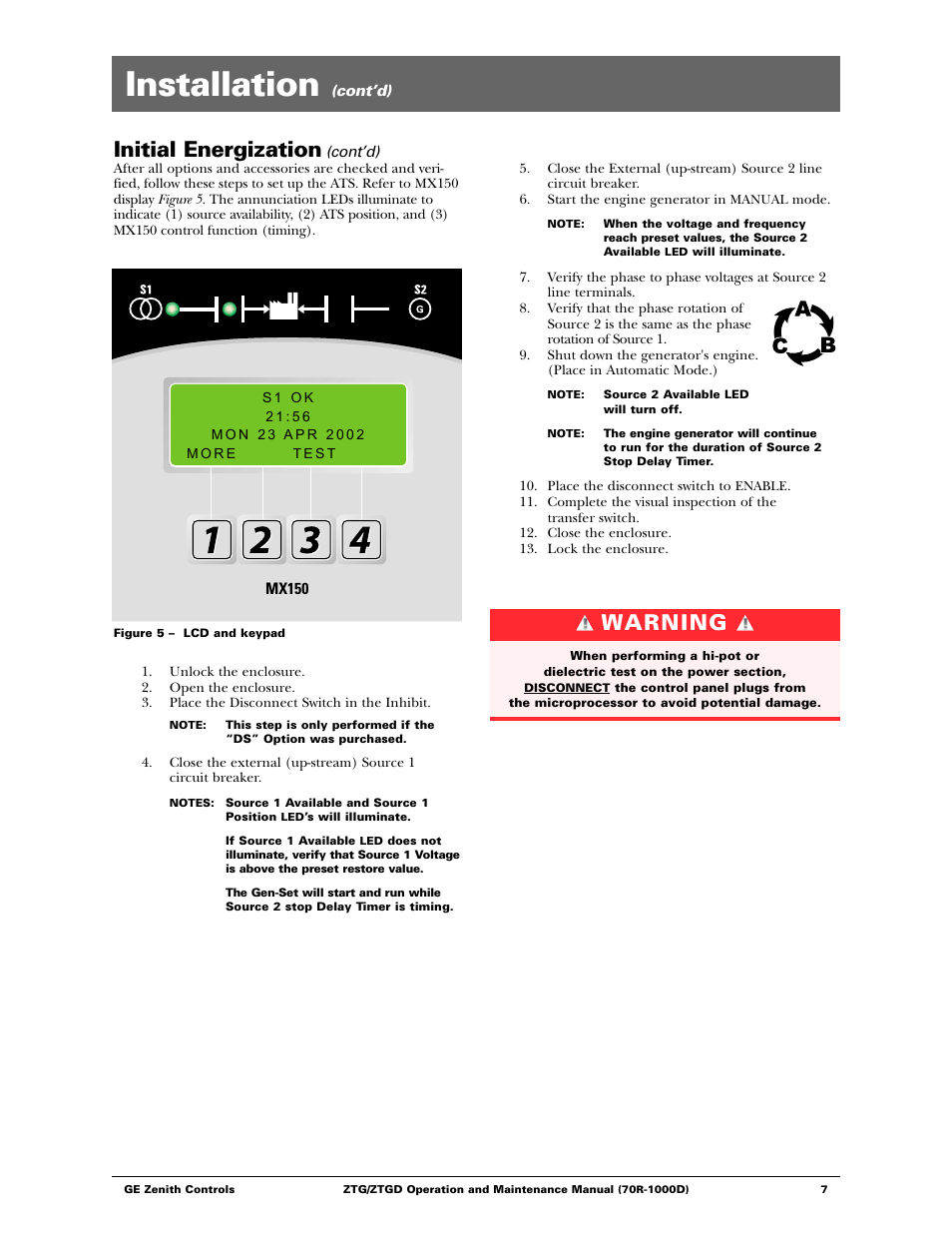 Installation, Initial energization, Warning | GE ZTGD Series Transfer Switches 40-3000 Amps User Manual | Page 7 / 36