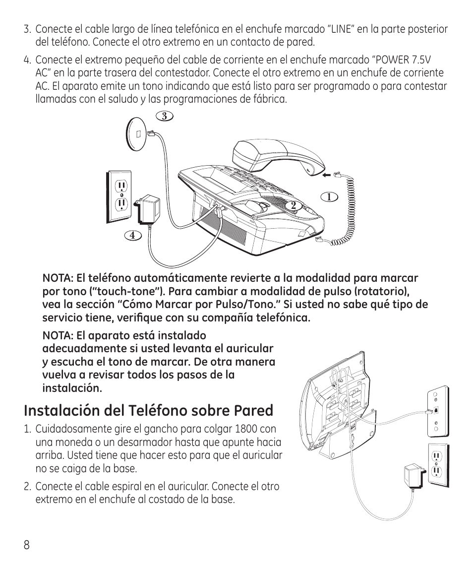 Instalación del teléfono sobre pared | GE 55927740 User Manual | Page 44 / 72
