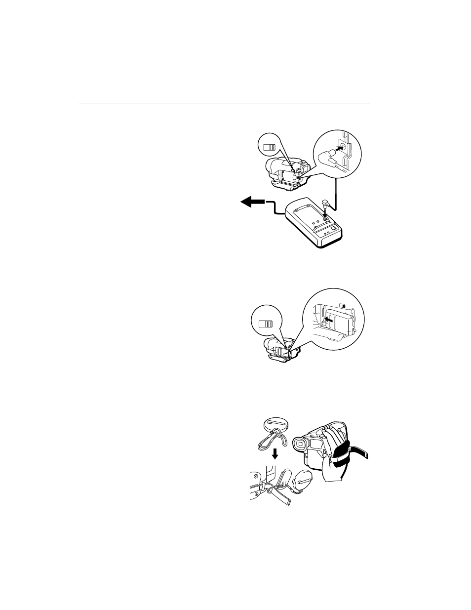 Use an adapter/charger or battery to supply power, Attach lens cap cord and adjust handstrap | GE CG400 User Manual | Page 13 / 36