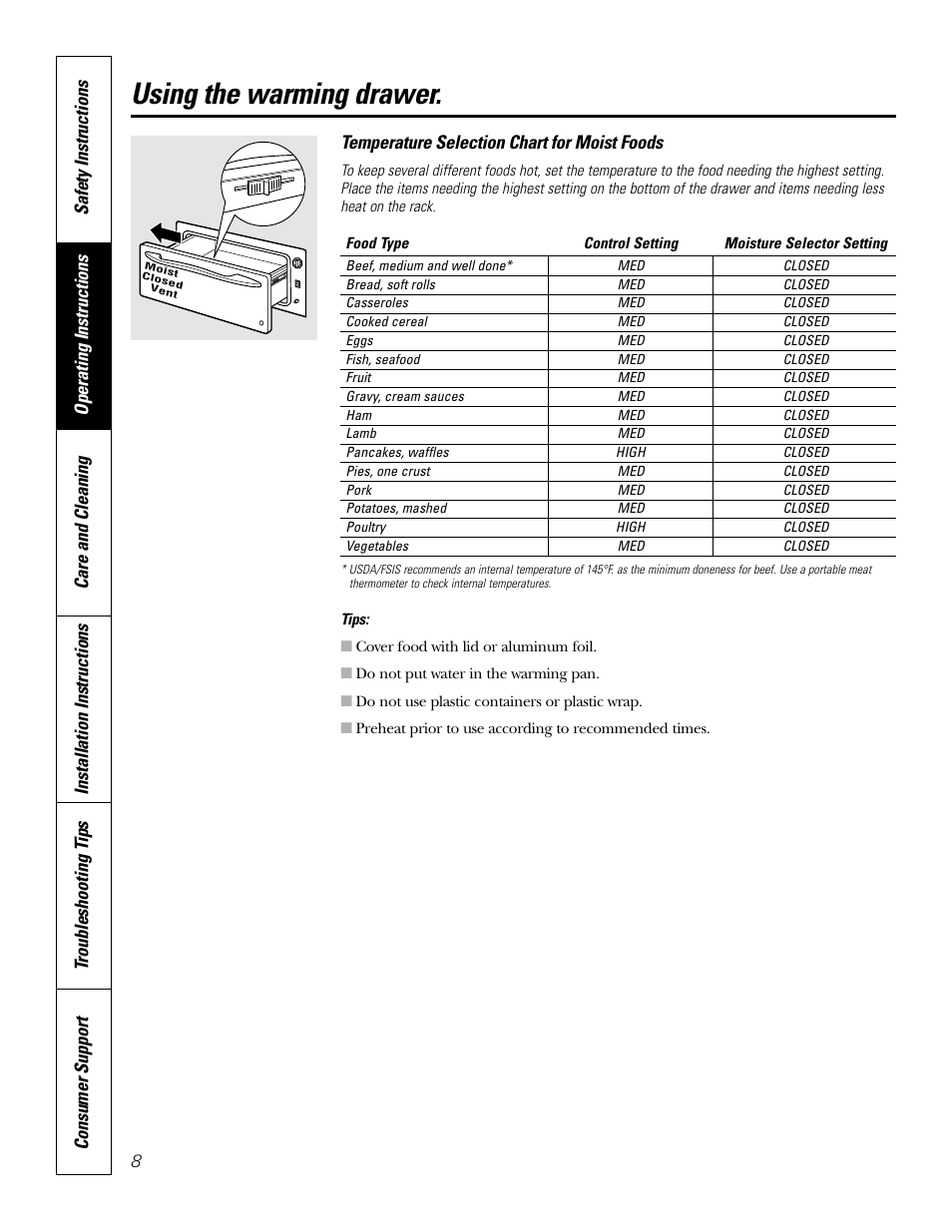Using the warming drawer | GE JKD915 User Manual | Page 8 / 24
