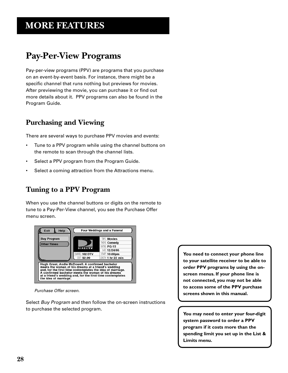 Pay-per-view programs, More features, Purchasing and viewing | Tuning to a ppv program | GE GRD33G3A User Manual | Page 30 / 68