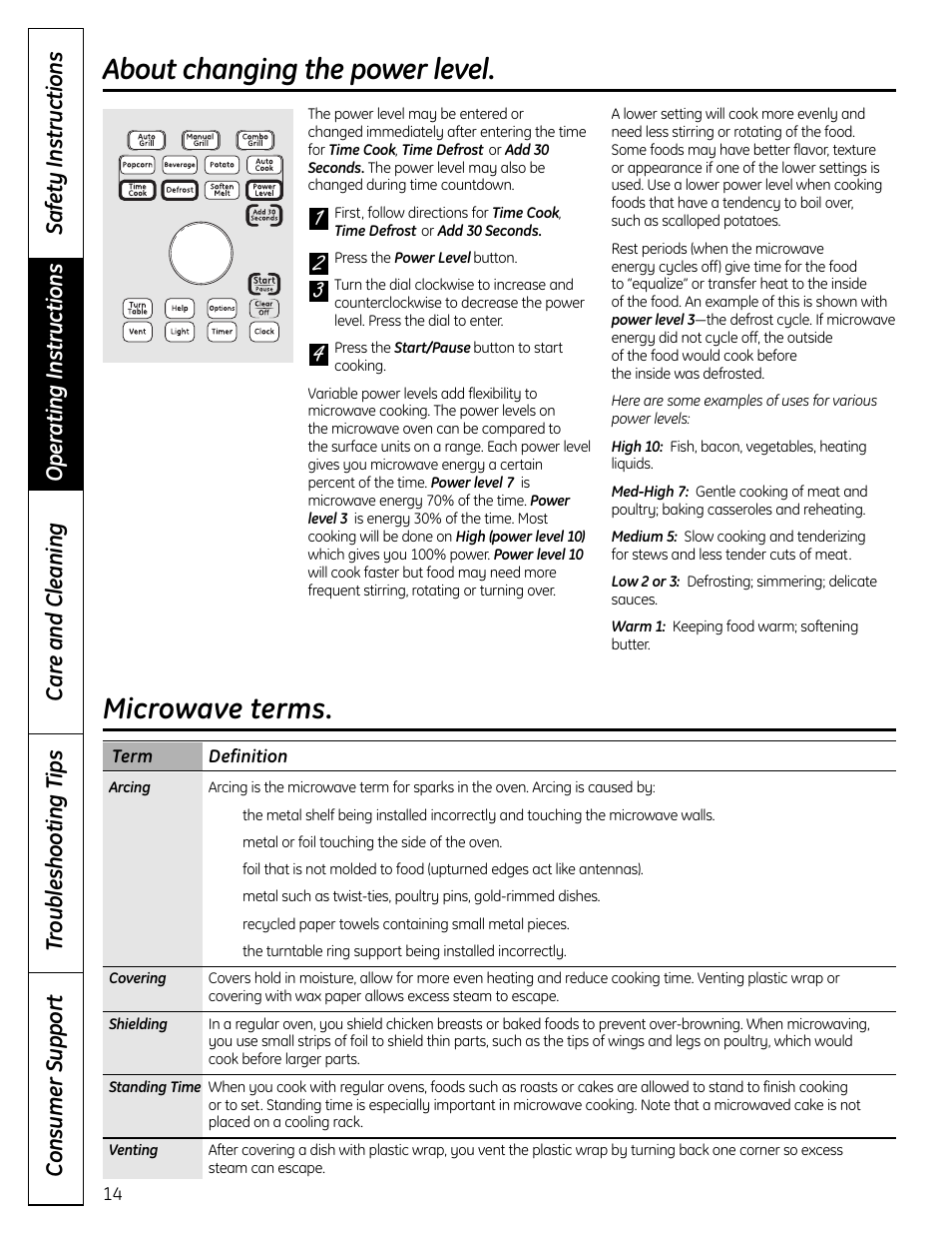 Changing power level, Microwave terms, About changing the power level | GE DVM1665 User Manual | Page 14 / 72