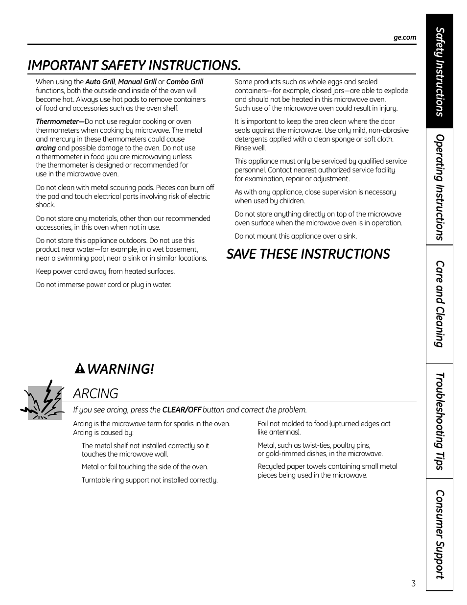 Important safety instructions, Save these instructions arcing, Warning | GE DVM1665 User Manual | Page 3 / 72