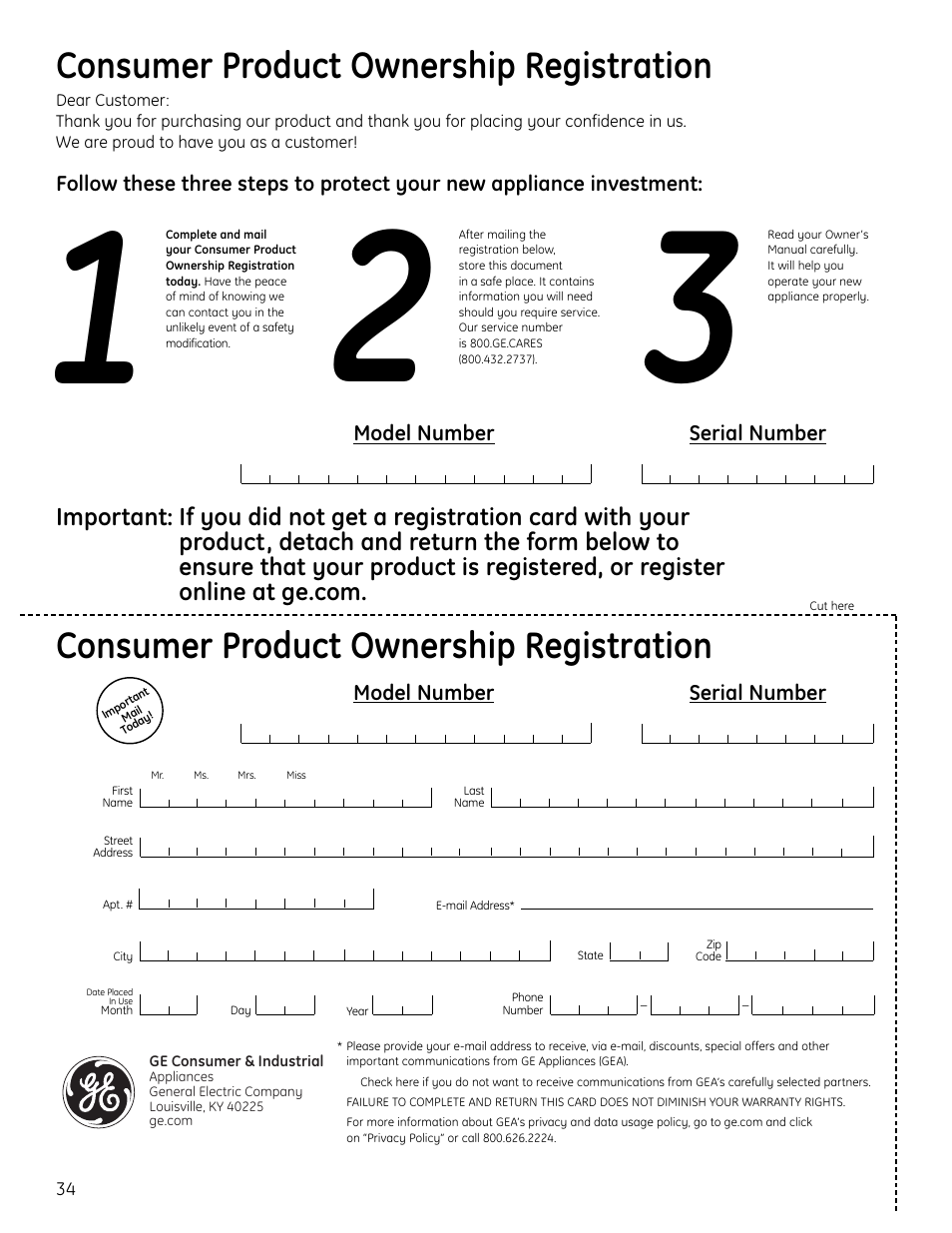 Consumer product ownership registration | GE DVM1665 User Manual | Page 34 / 72
