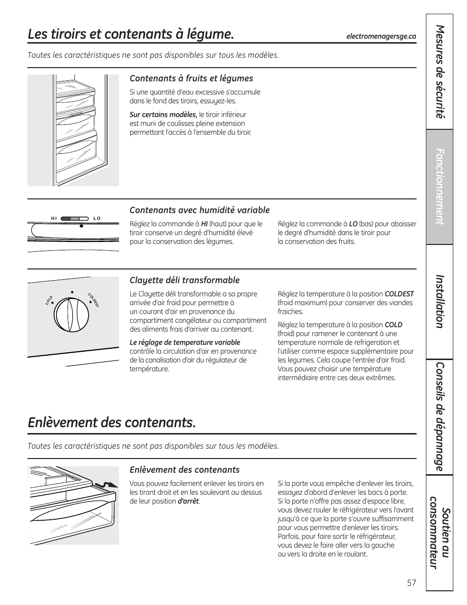 Enlèvement des contenants, Les tiroirs et contenants à légume | GE 23 User Manual | Page 57 / 132