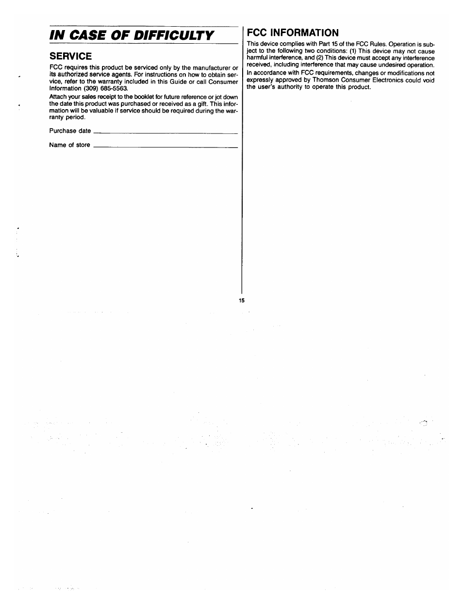 Service, Fcc information | GE 2-9720 User Manual | Page 15 / 16