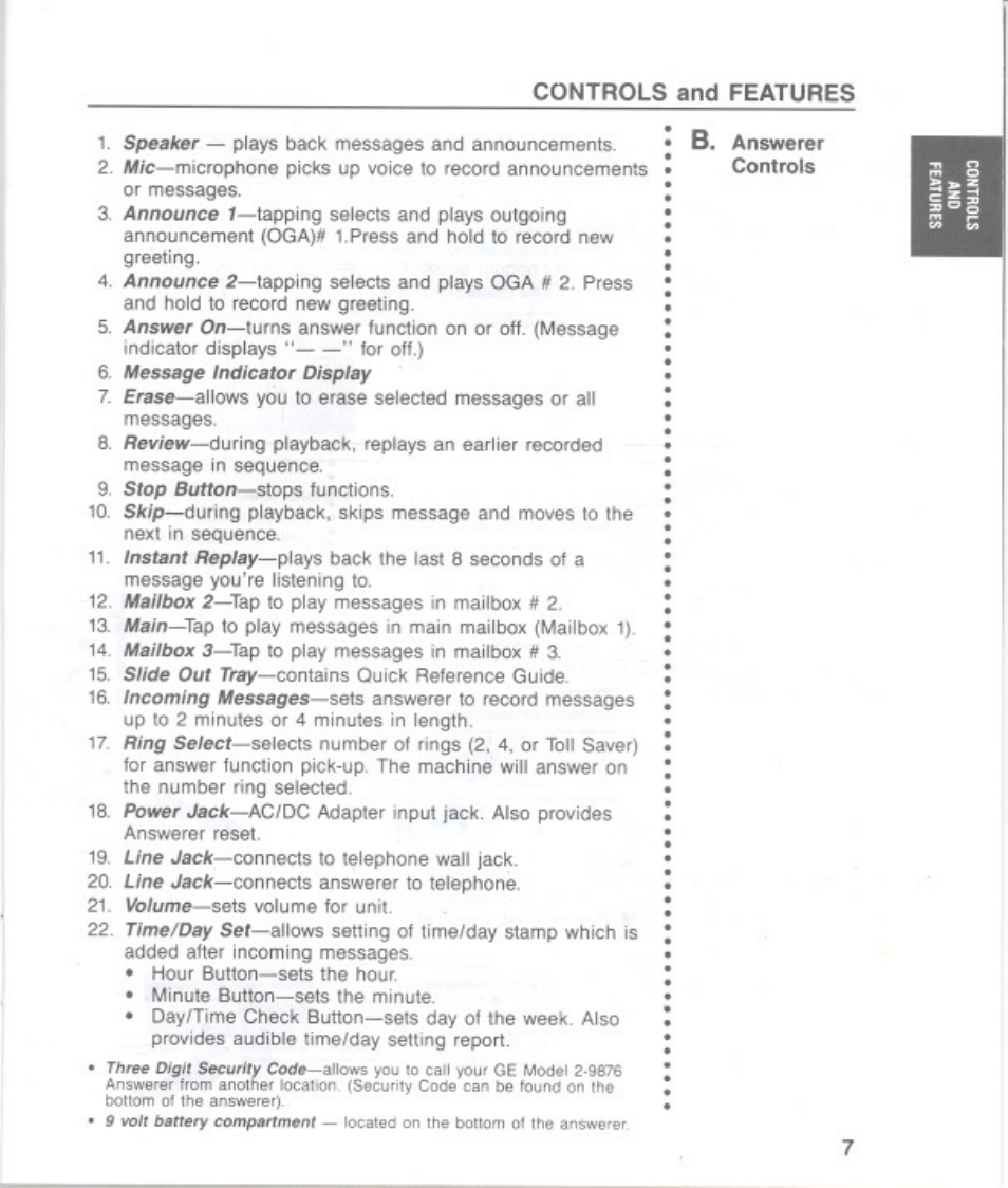 Controls and features | GE 2-9876 User Manual | Page 7 / 34