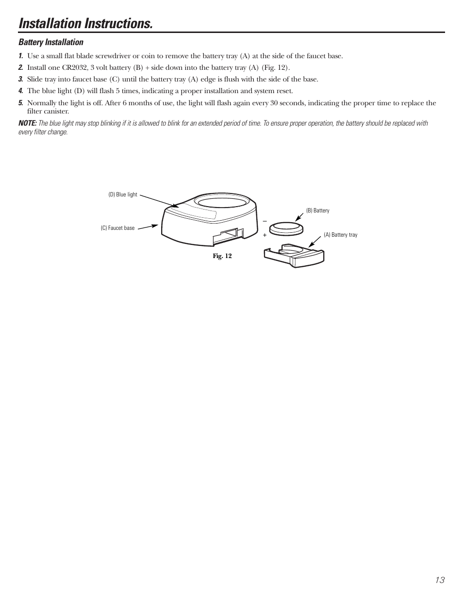 Battery installation, Installation instructions | GE GNSV70FBL User Manual | Page 13 / 20