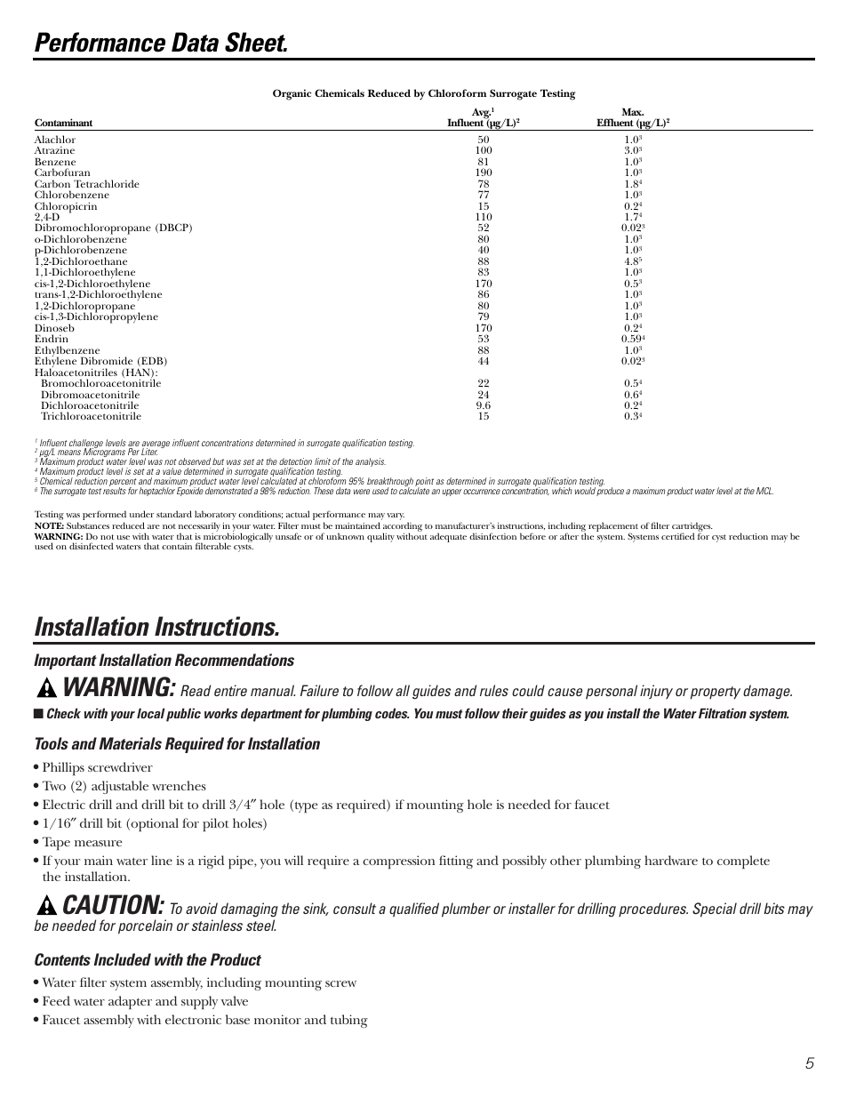 Installation instructions, Warning, Caution | Performance data sheet, Important installation recommendations, Tools and materials required for installation, Contents included with the product | GE GNSV70FBL User Manual | Page 5 / 20