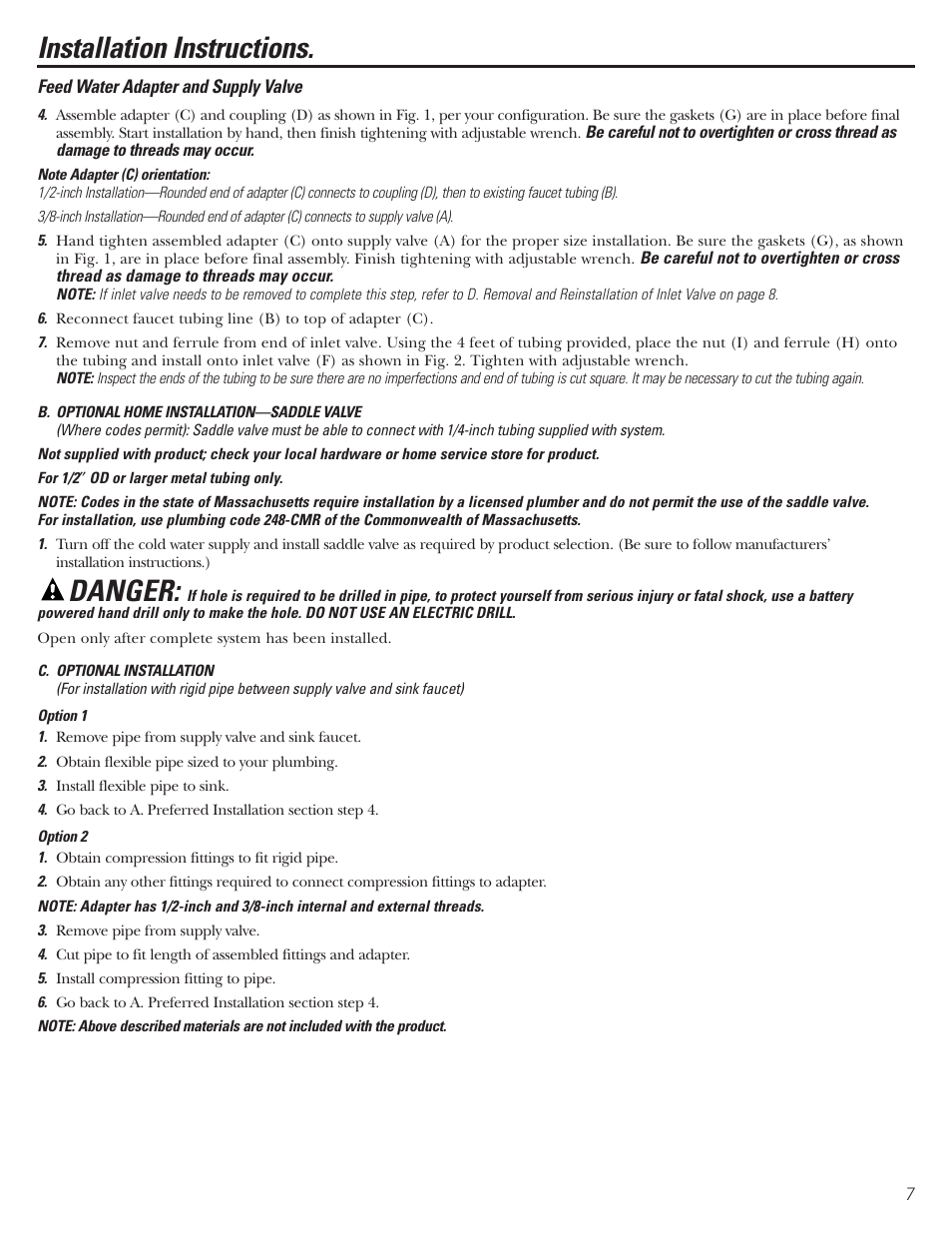 Installation instructions, Danger | GE GNSV70FBL User Manual | Page 7 / 20