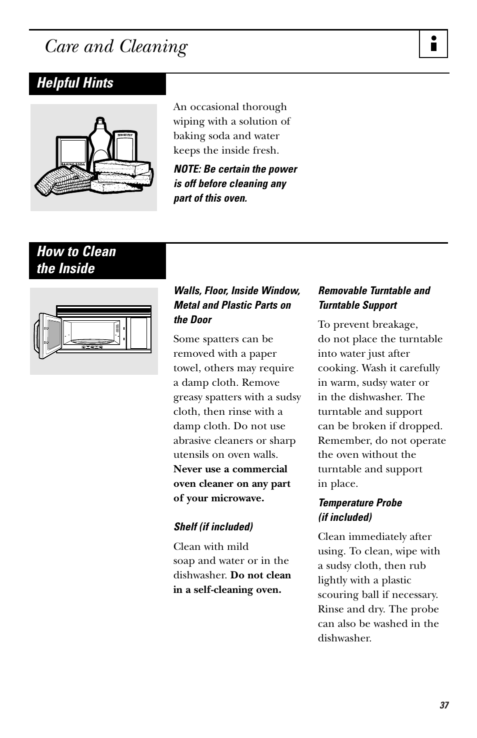 Care and cleaning, Helpful hints, How to clean the inside | GE HVM1750 User Manual | Page 37 / 48
